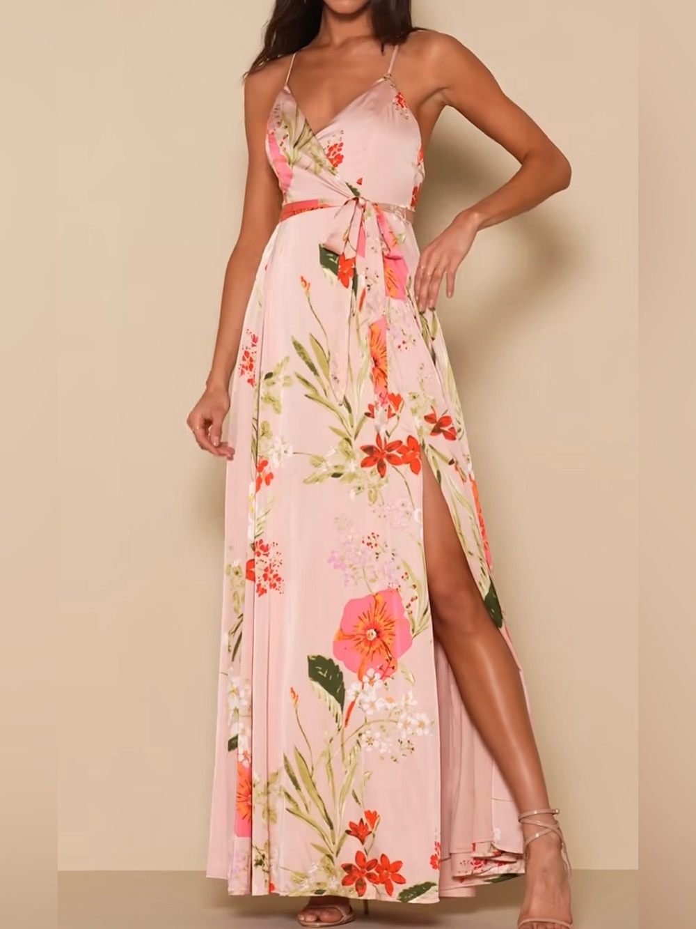 Lulus Still the One Blush Pink Floral Satin Maxi Dress XS EUC